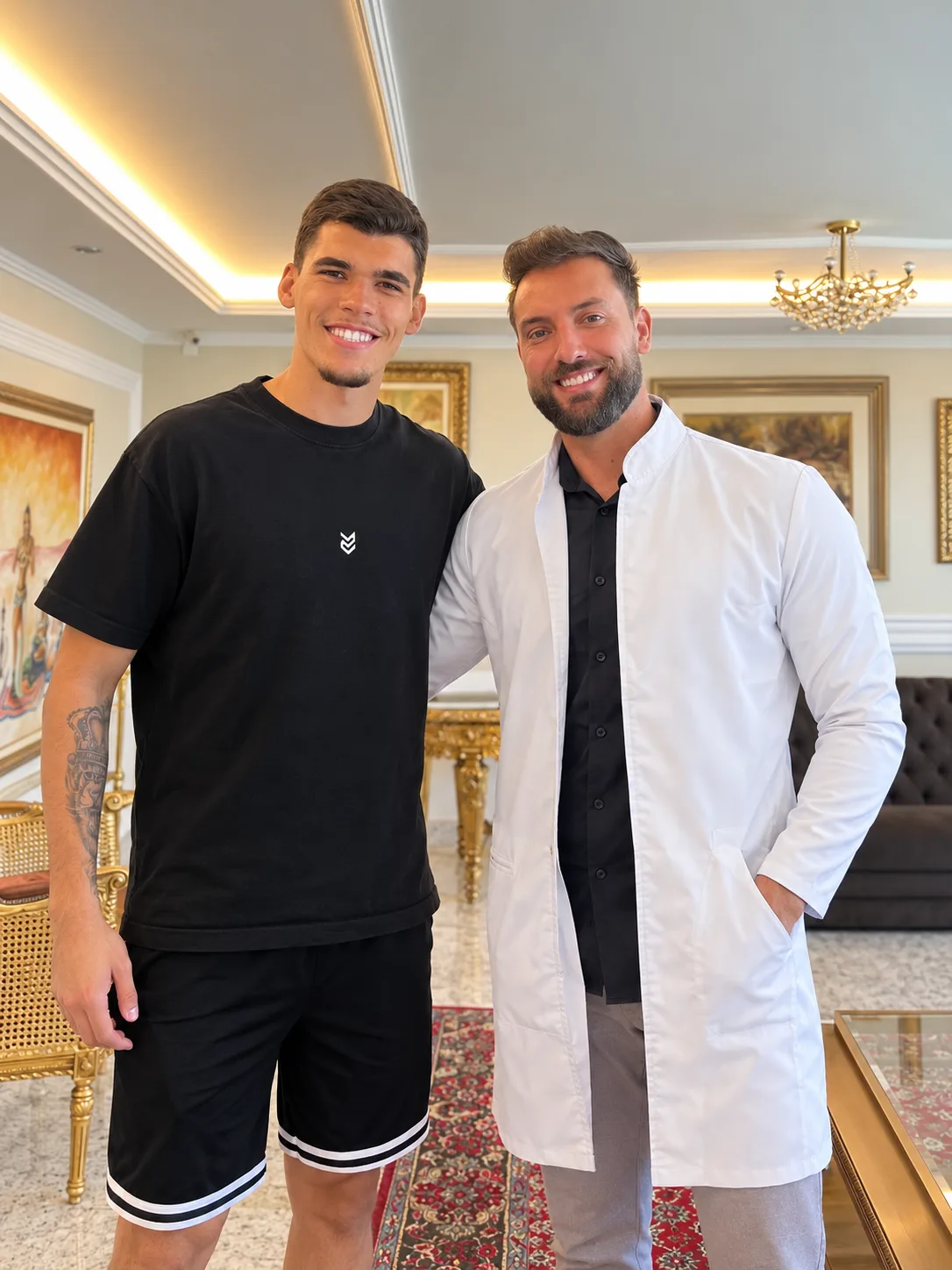 Antônio Dias ao lado do goleiro Pedro Morisco no consultório